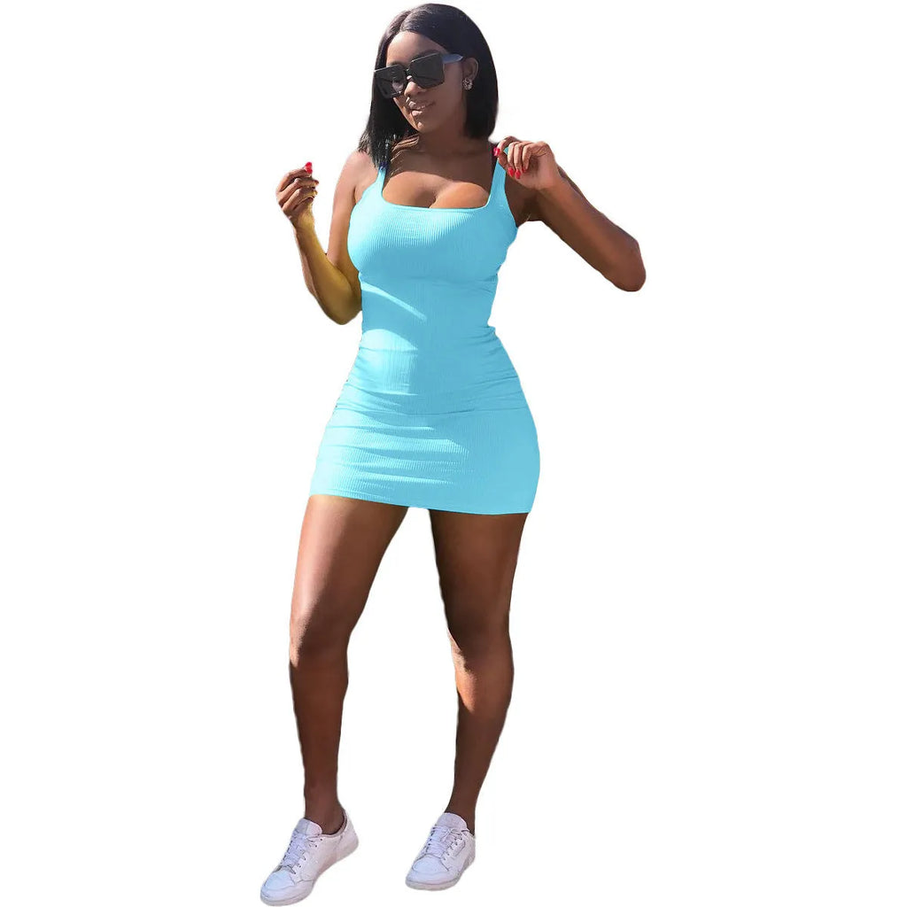 Women's casual dress with big U-neck and sunken stripe straps in multiple colour options