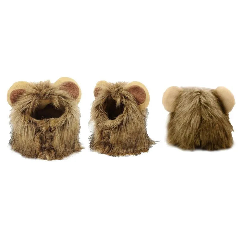 Soft lion mane wig with plush ears for cats and small dogs on a grey background.