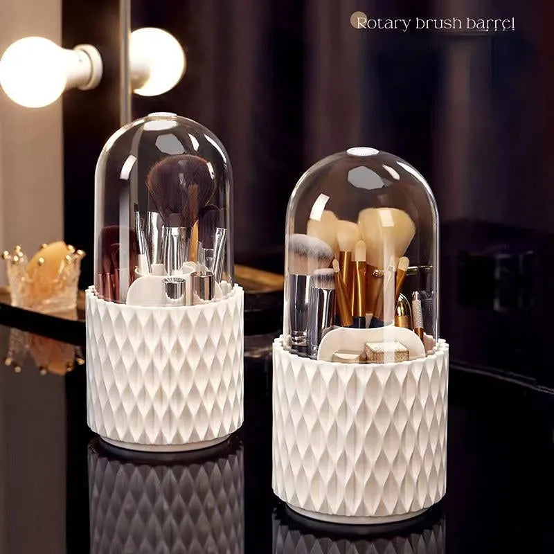 White acrylic rotating makeup brush storage holder with transparent lid and split compartments