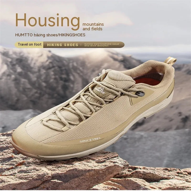 Men's leather mesh low-top mountain climbing shoes with round toe and non-slip rubber outsole