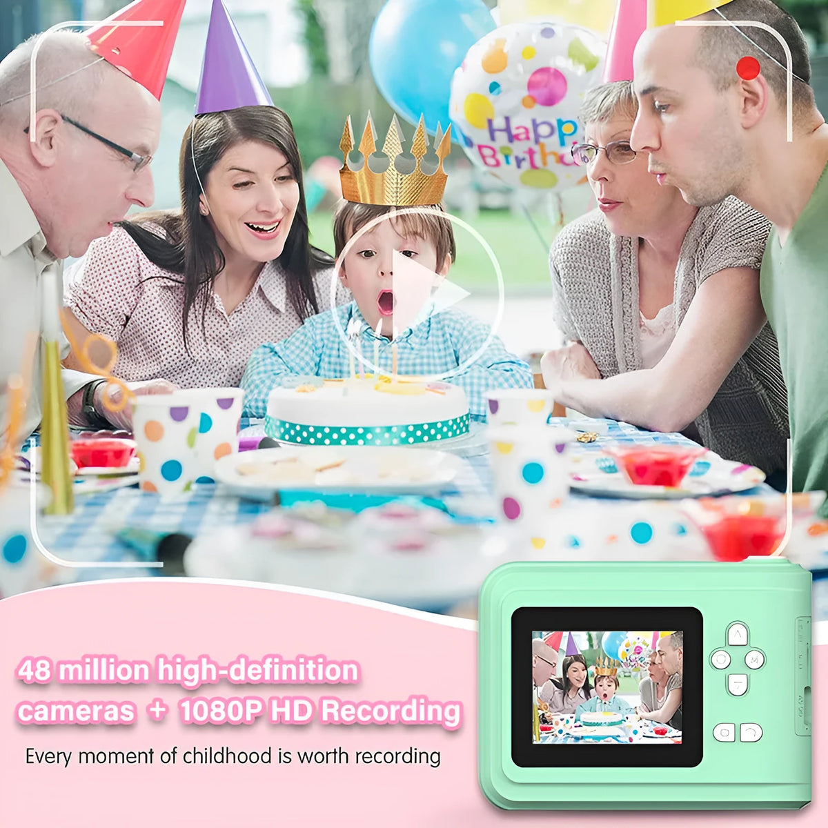 Mini portable photo printing camera in blue or pink standard with 2.4 inch ABS plastic body and included printing paper and lanyard