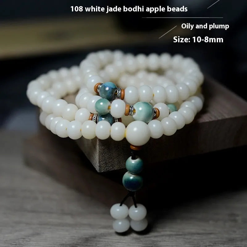 White jade and bodhi root seed bracelet with 108 beads in two sizes