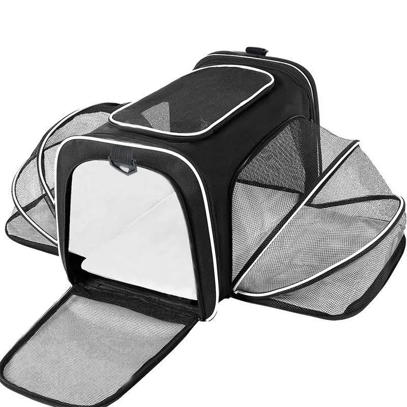 Cat carrier bag made from 600D cation fabric in small and large sizes with multiple colour trim options