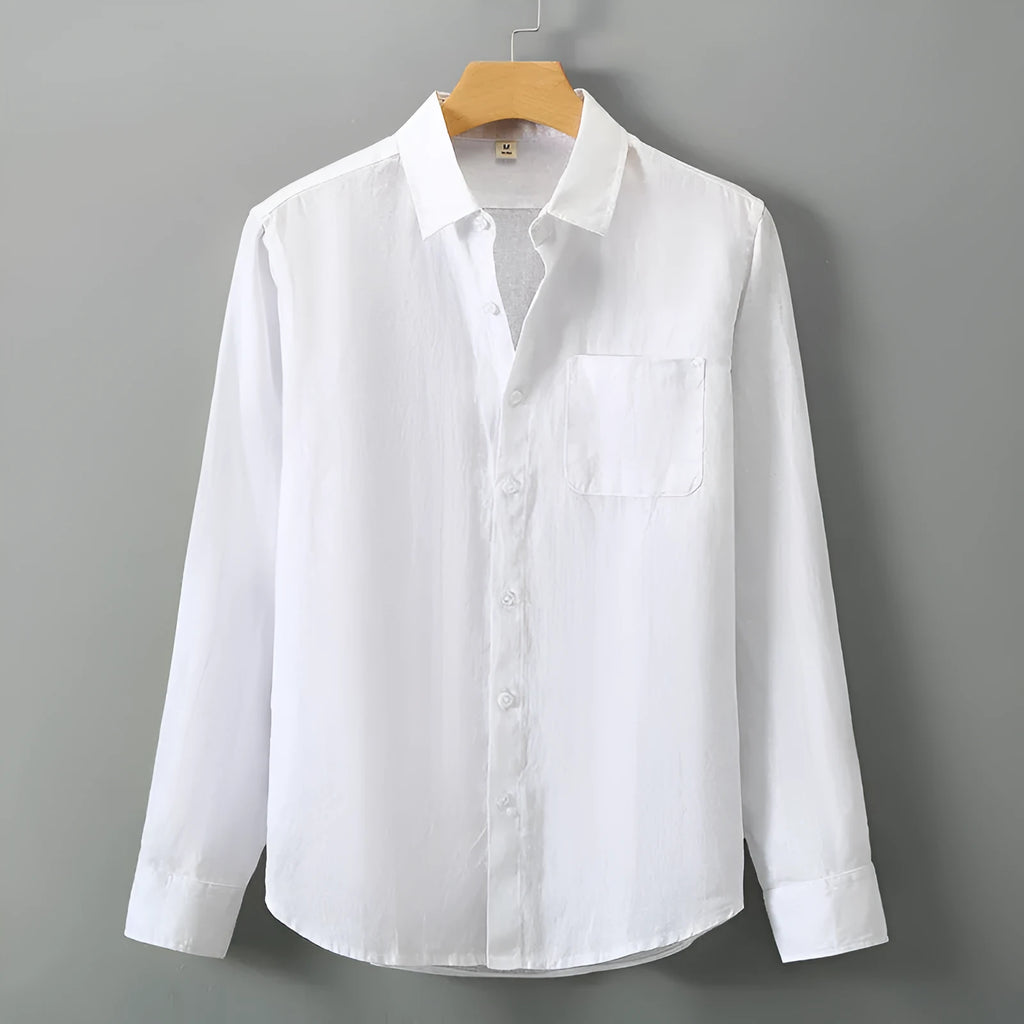 Linen long sleeve shirt in Chinese style cardigan design showing loose fit and sun protection
