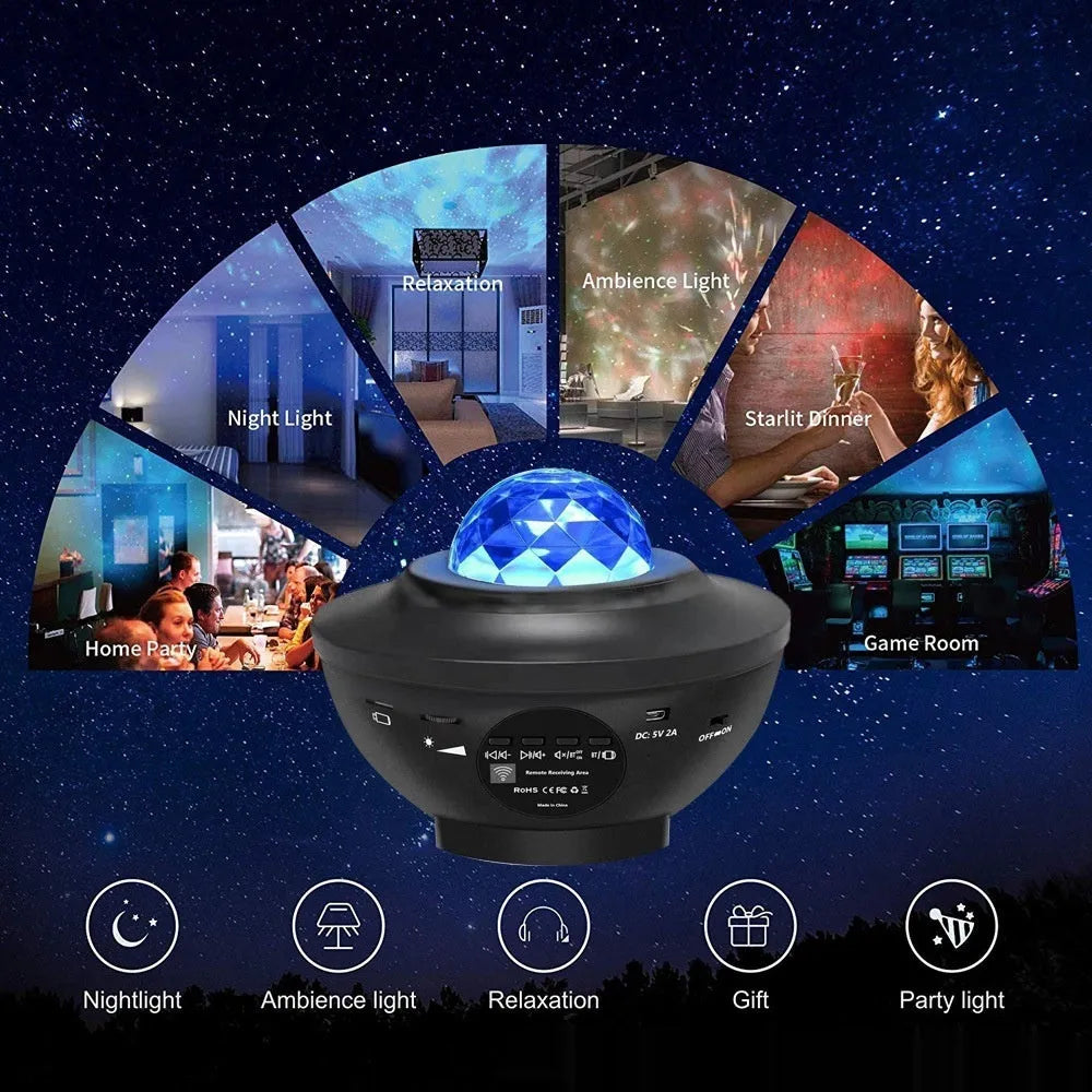 Small black bowl-shaped starry sky projection lamp with rotating water ripple laser patterns