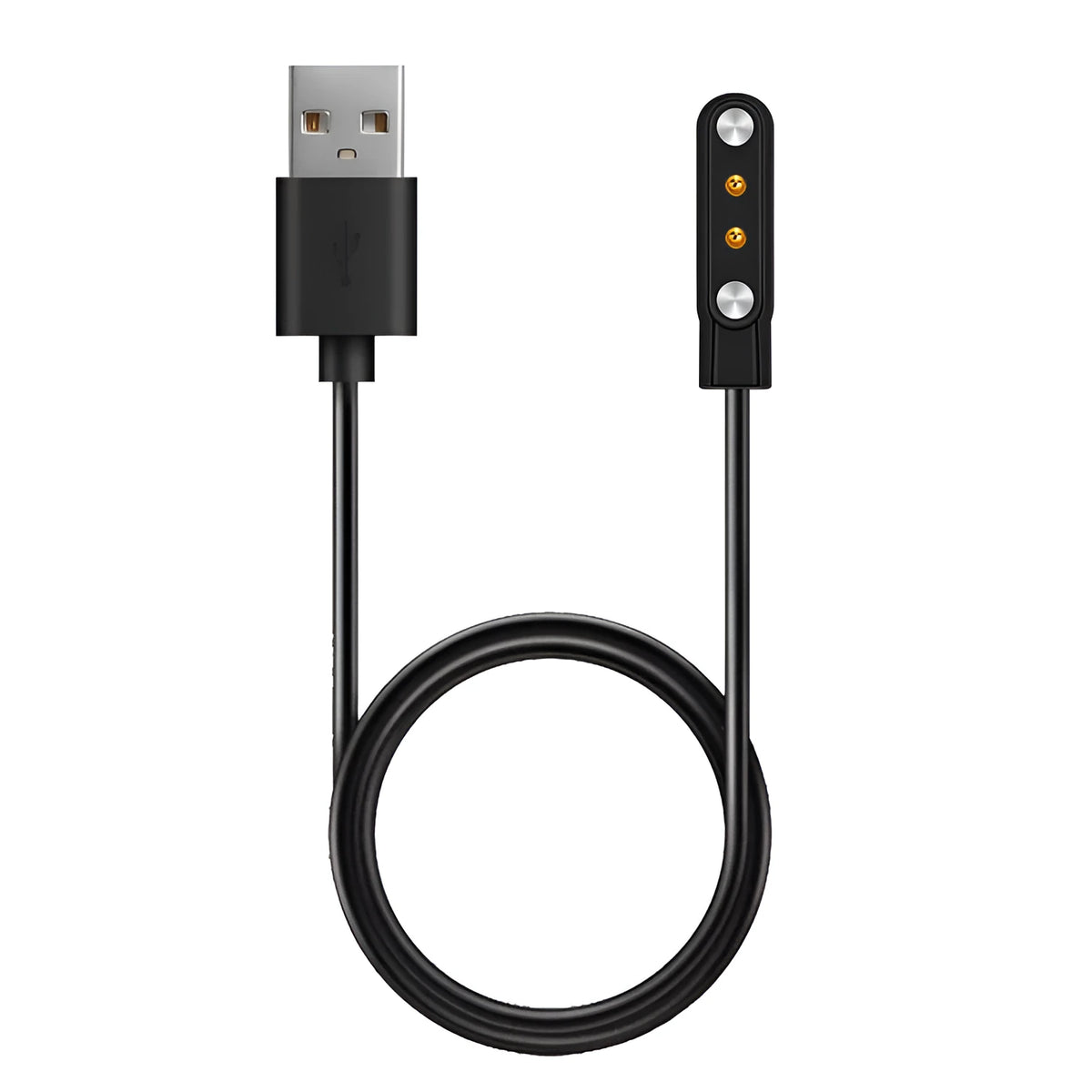 Black smart watch magnetic USB charger with thimble contact, 8cm x 4cm x 1cm, 100cm or 60cm cable.