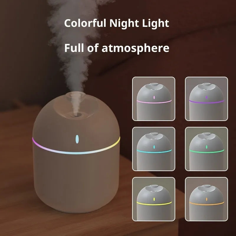 USB water drop humidifier in white, pink, or green with colour light, mute operation, and 2-8 hour timer