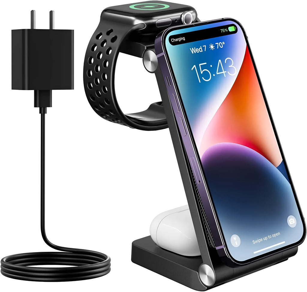 Vertical folding magnetic three-in-one wireless charger in black or white with US charging head and cable