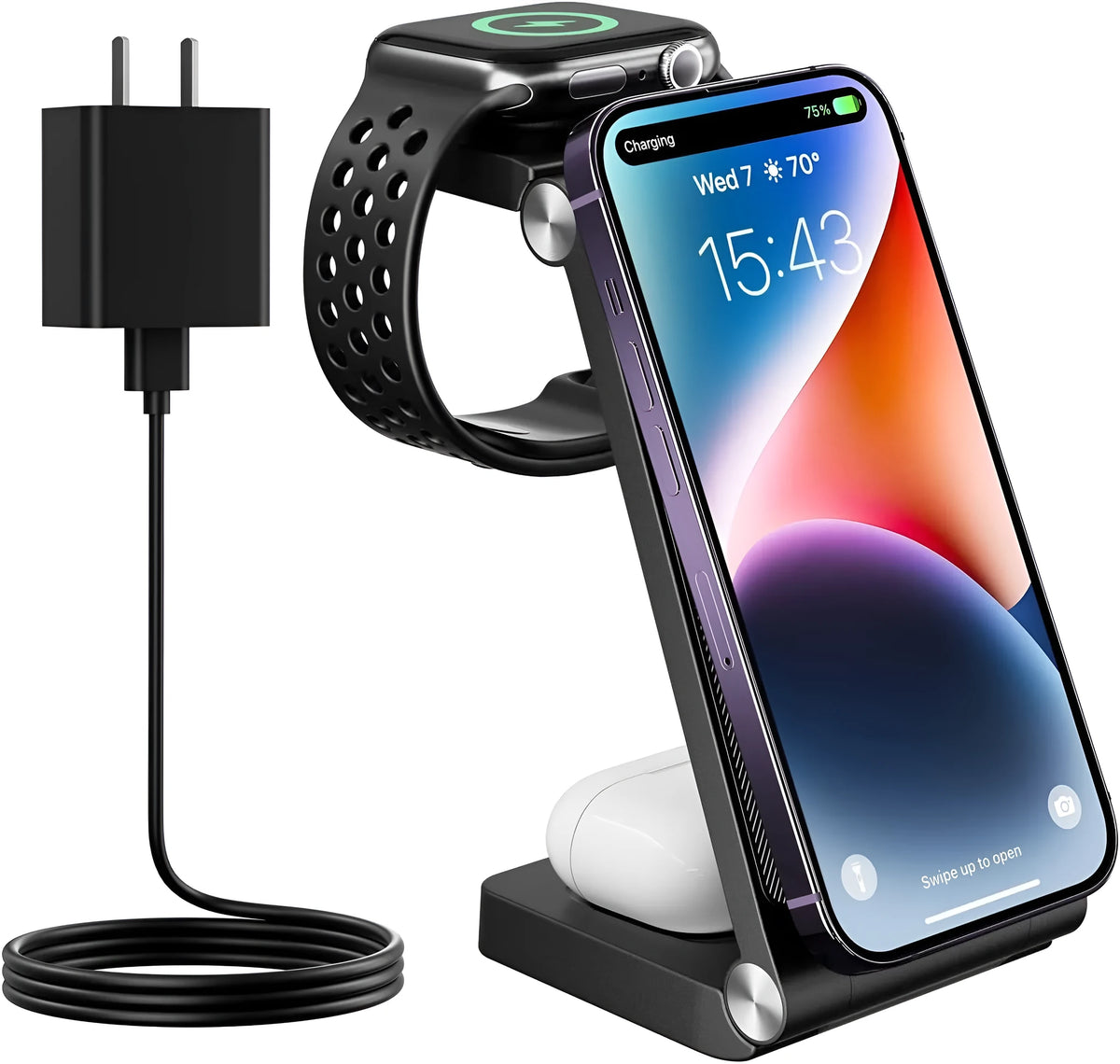 Vertical folding magnetic three-in-one wireless charger in black or white with US charging head and cable