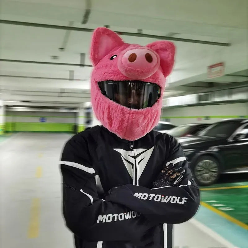 Pink cartoon pig plush helmet protective hood for motorcycle helmets with detachable sleeve