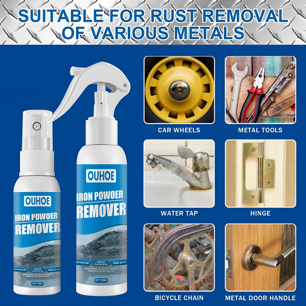 Automotive rust remover spray bottle with iron powder formula for car surfaces