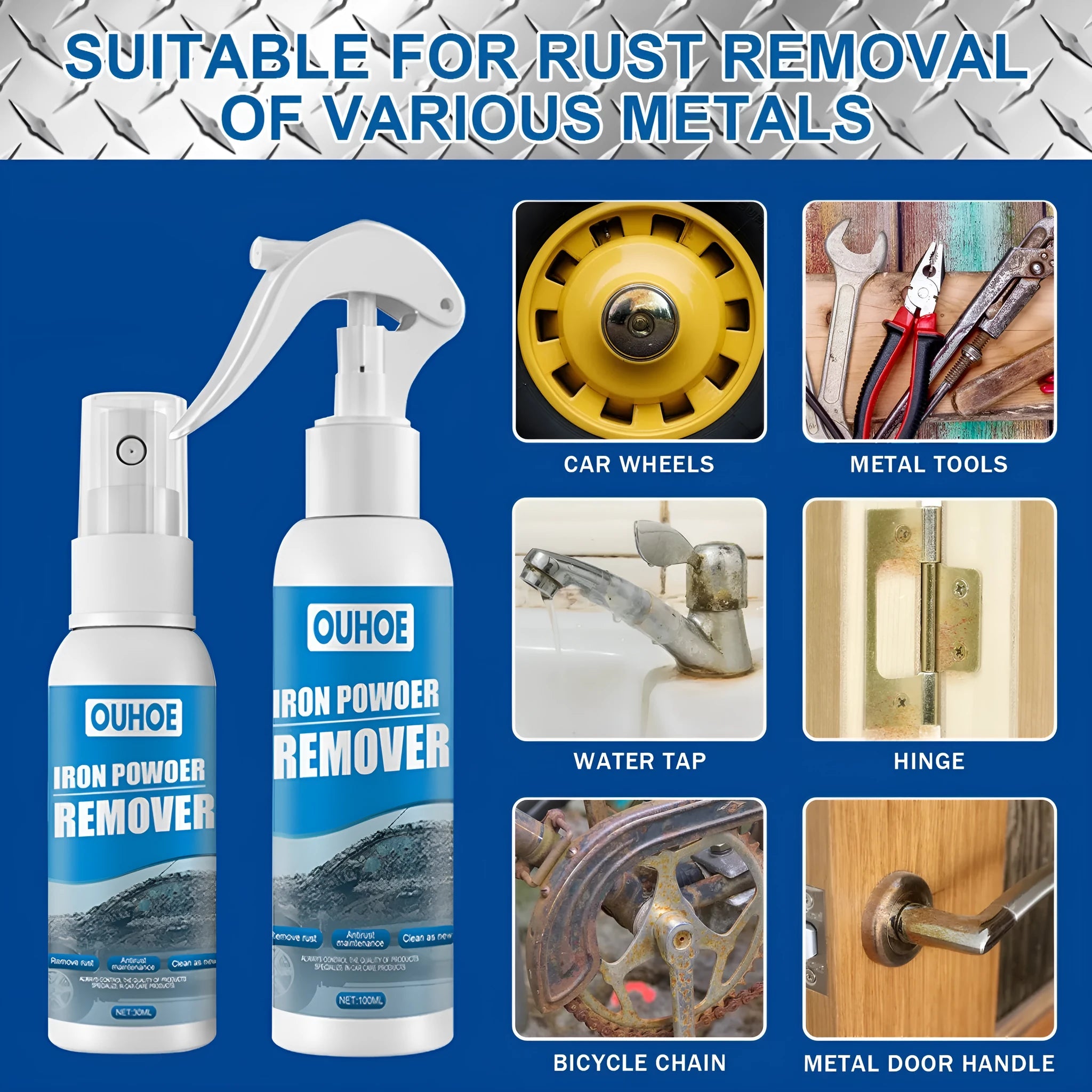 Automotive rust remover spray bottle with iron powder formula for car surfaces