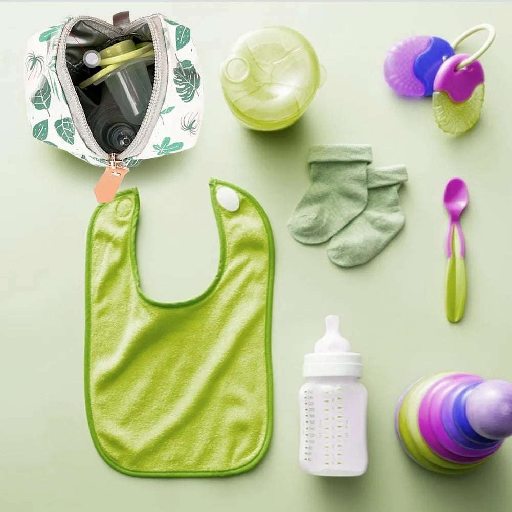 Baby pacifier holder case with PU leather outer and nylon lining, 10cm diameter, holds 2 pacifiers