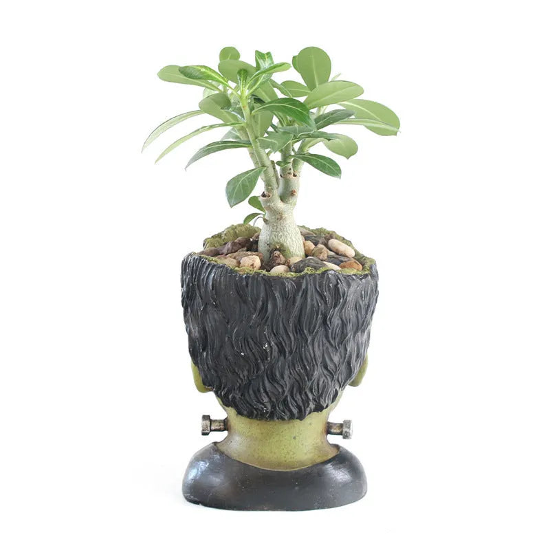 Green resin Frankenstein flower pot with drainage hole for desktop indoor succulent and fern display