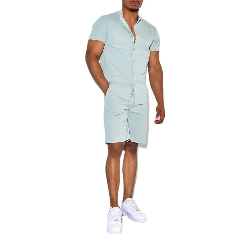 Men's short sleeve two-piece suit set in polyester, shown in white, khaki, and light blue, sizes S to XXXL