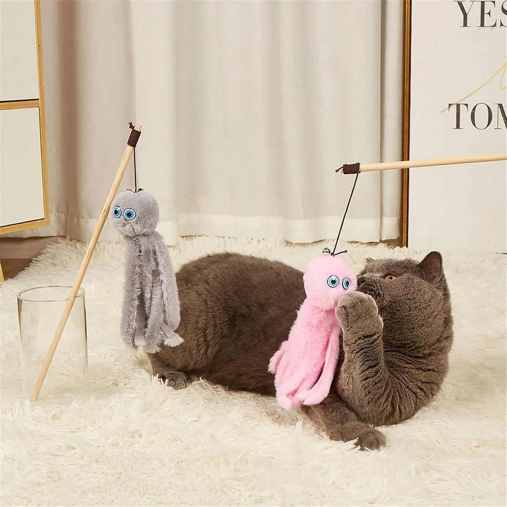 Octopus-themed cat toy with eyes on long 40cm stick for indoor cats