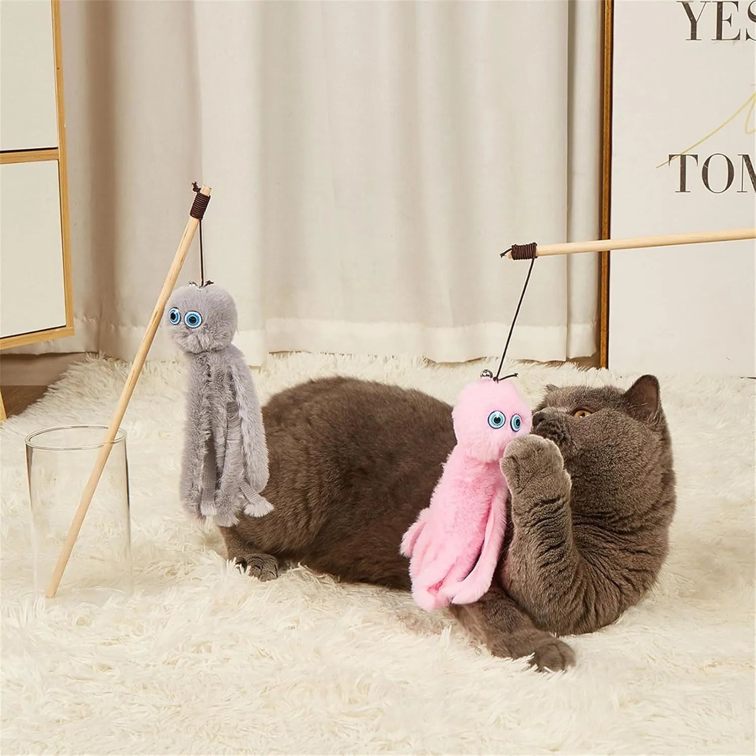 Octopus-themed cat toy with eyes on long 40cm stick for indoor cats