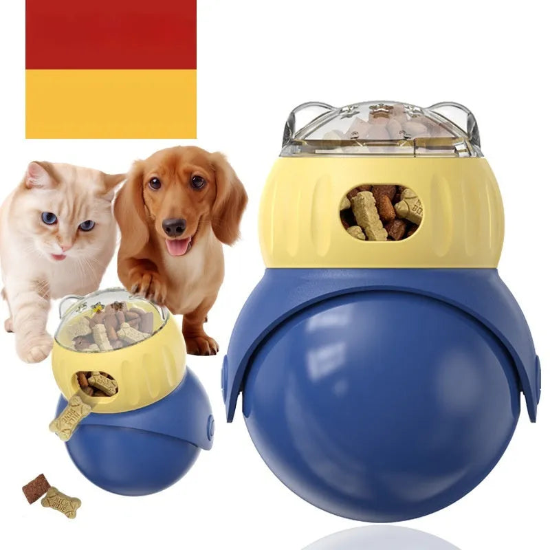 Owl-shaped plastic cat puzzle feeder with tumbler mechanism in Morandi yellow and blue colours
