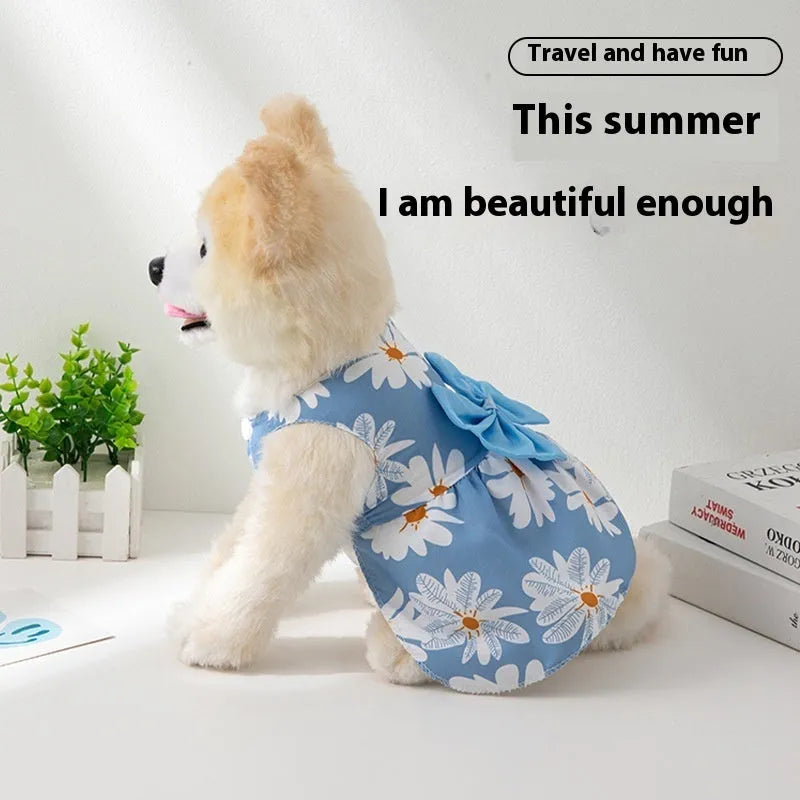 Floral butterfly knot polyester pet dress for dog or cat in blue bow colour