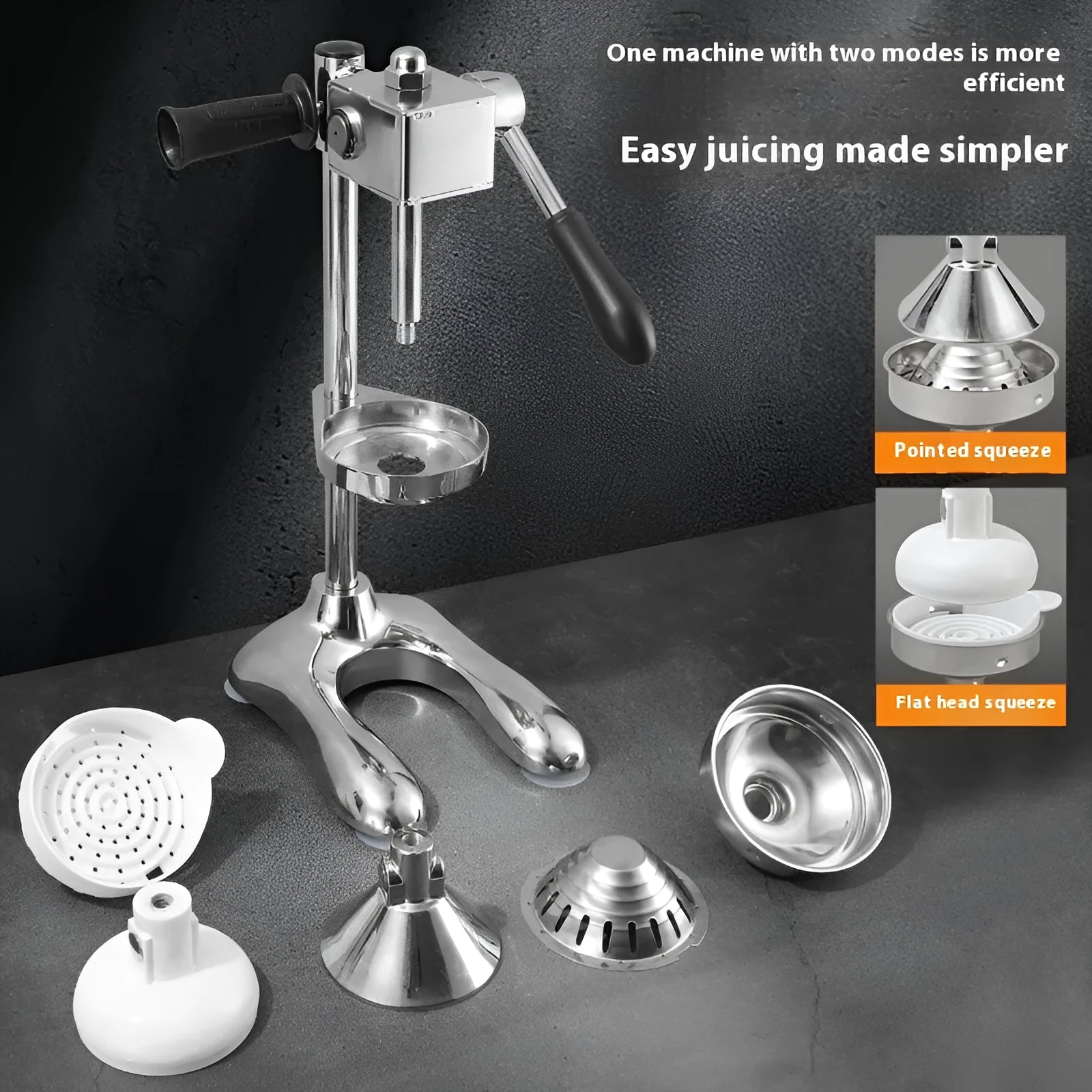 Stainless steel manual juicer with zinc alloy components in multiple colour options
