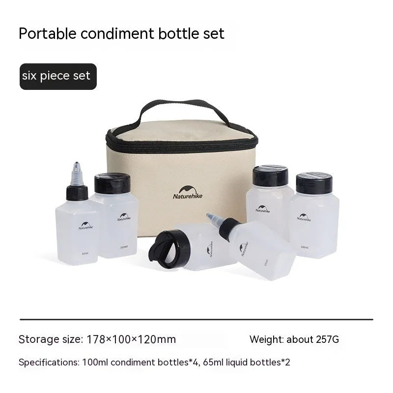 Naturehike six-piece portable plastic seasoning bottle set for outdoor cooking.