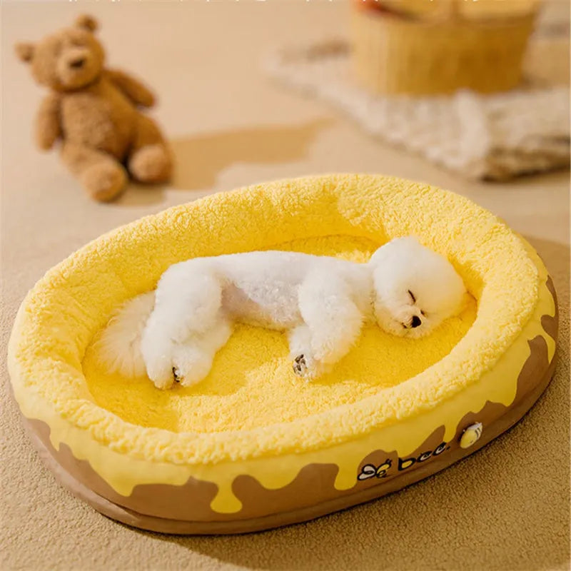 Grey and yellow washable pet bed for dogs and cats with detachable velvet lining