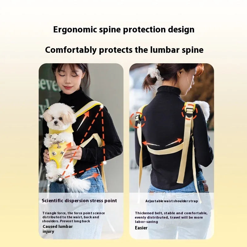 Cartoon animal print pet chest bag in soft canvas with colourful stitching, shown in Beka yellow bear design.