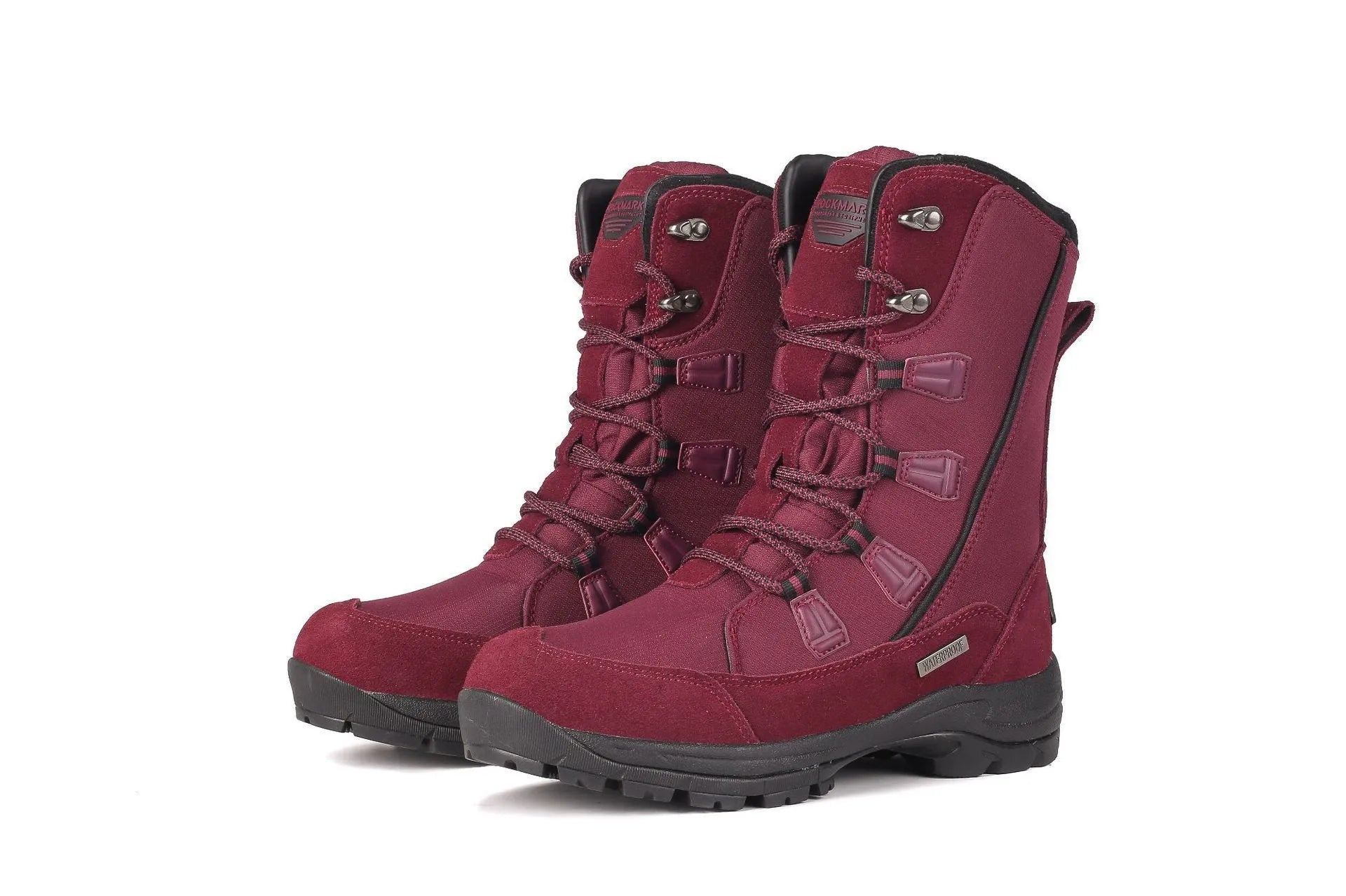 Women's black mid-calf leather snow boot with a textured non-slip rubber sole.