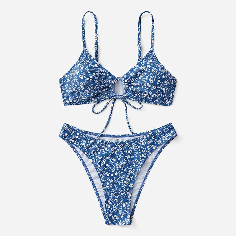 Blue polyester three-piece swimsuit set without underwire, showing separate top and shorts