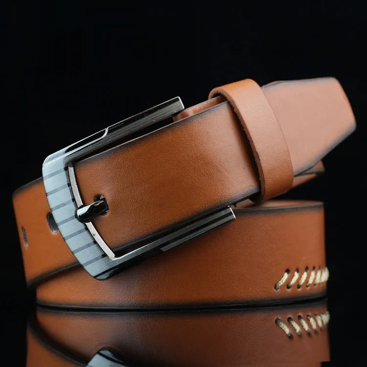 Men's retro threading casual belt with alloy pin buckle on imitation leather