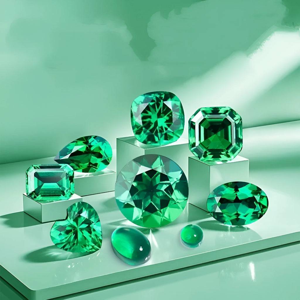 Artificial cultivated emerald gemstone in Columbia green treasure colour showing polished surface and geometric cut.