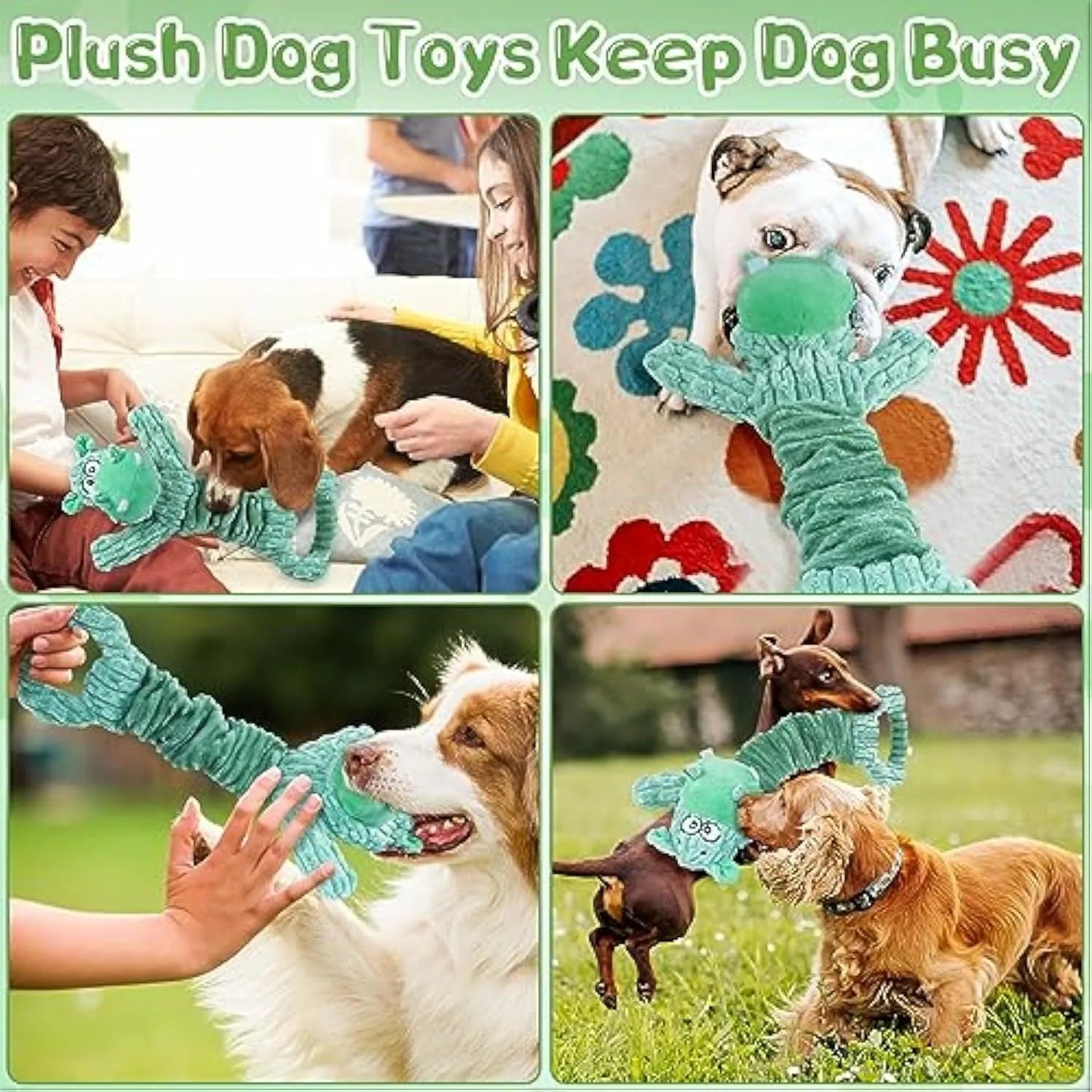 Large squeaky plush dog toy with telescopic body and handle for tug of war play