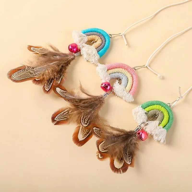 Feather cat rope door swing toy with elastic cord and sticky buckle clamp in blue colour
