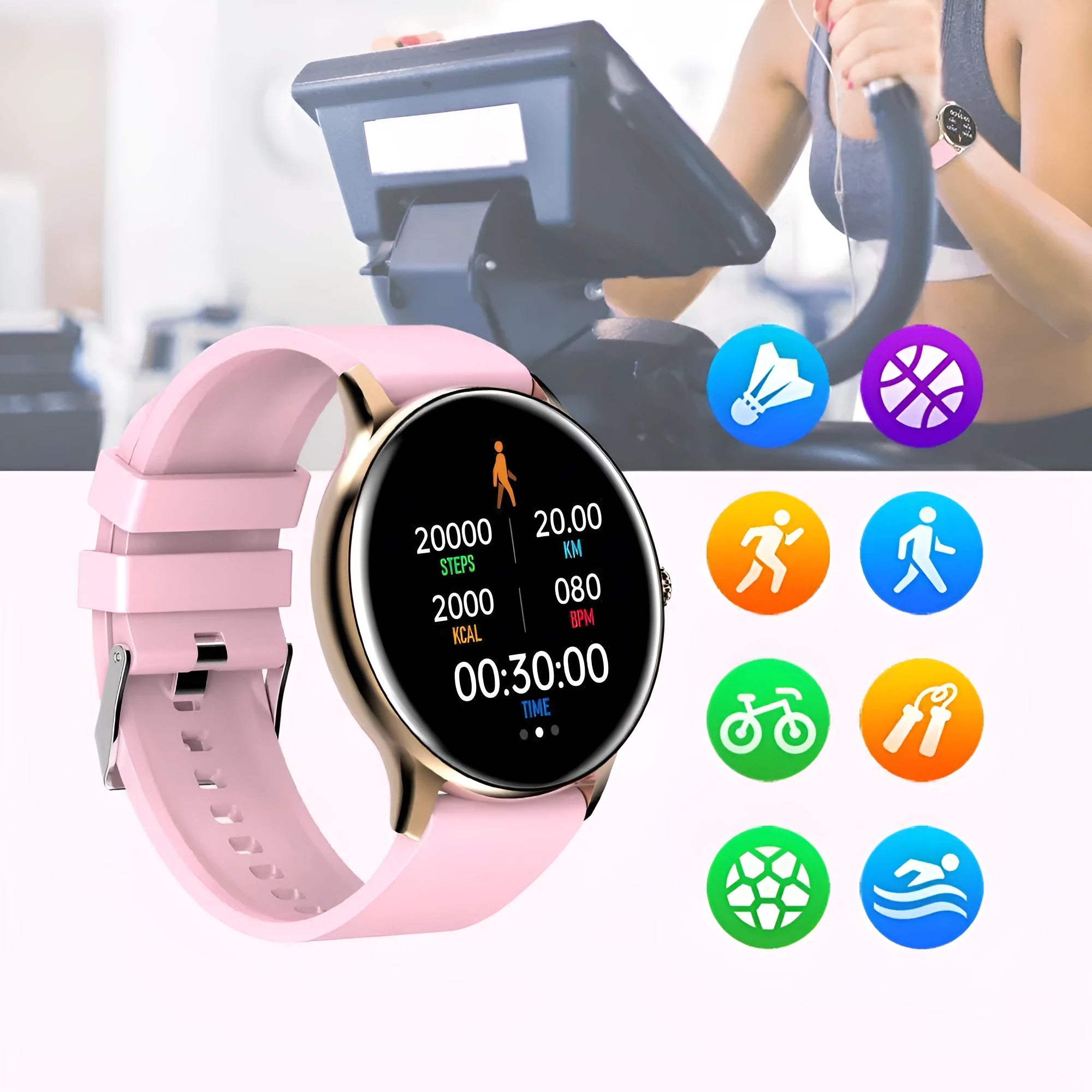 Smart sports watch with blood pressure monitoring on black silicone wristband