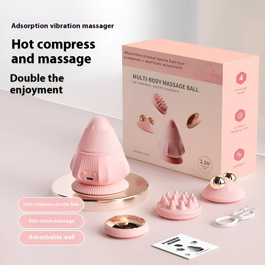 Rechargeable neck massager with multi-head silicone design and hot compress, shown in pink with gift box