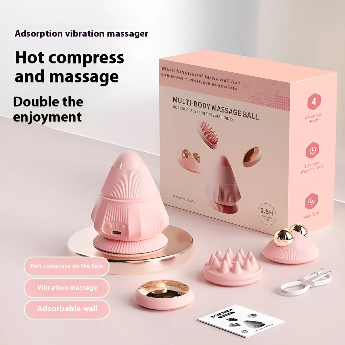 Rechargeable neck massager with multi-head silicone design and hot compress, shown in pink with gift box