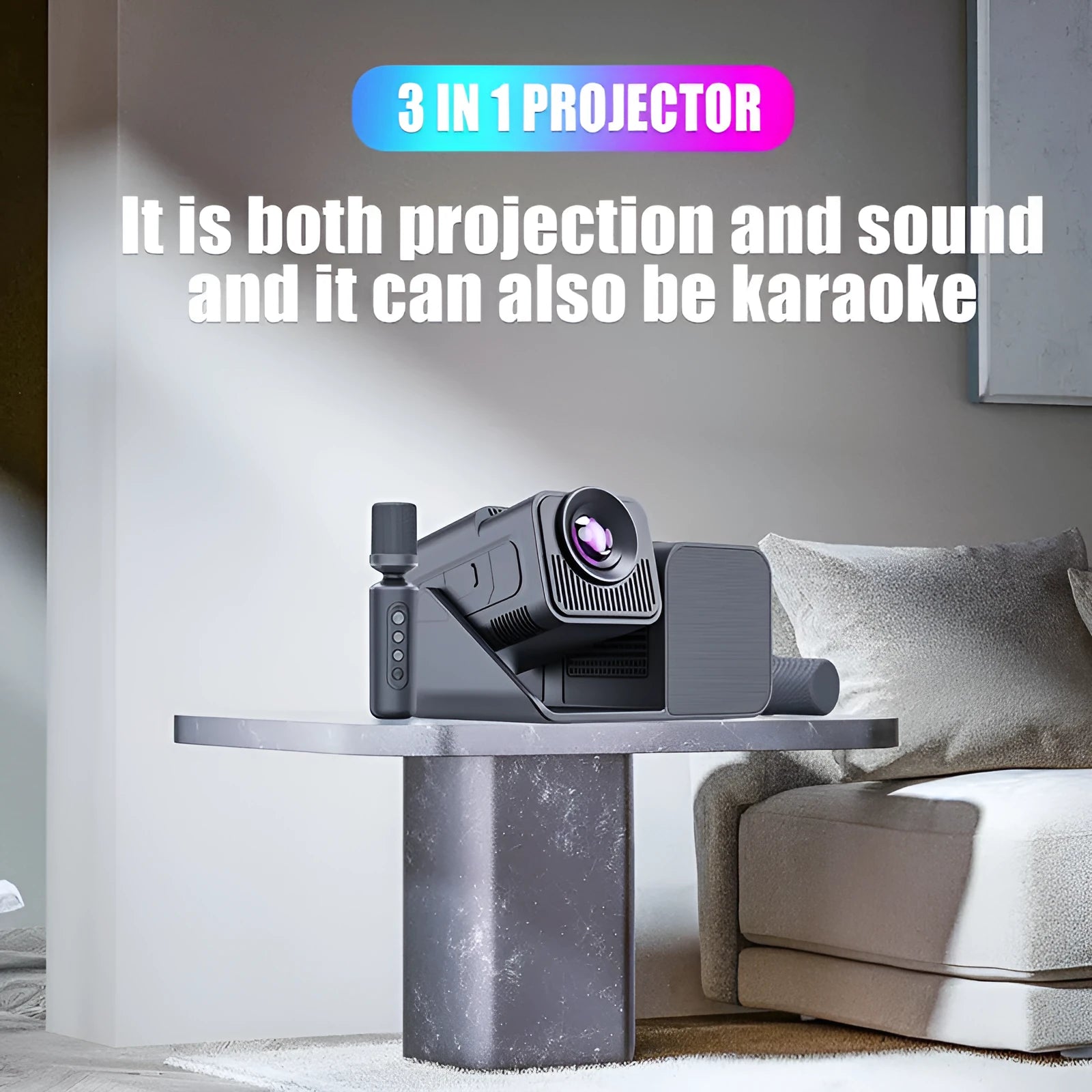 Black three-in-one karaoke singing projector with microphone and 720p display