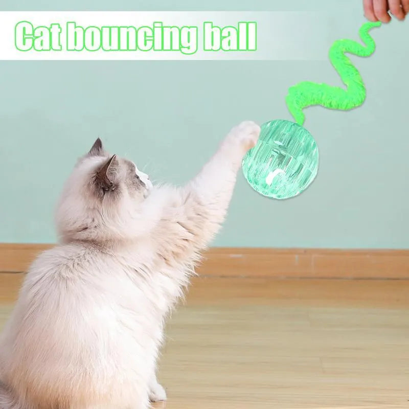Interactive cat ball toy with bouncy TPR ball and plush worm tail in green colour