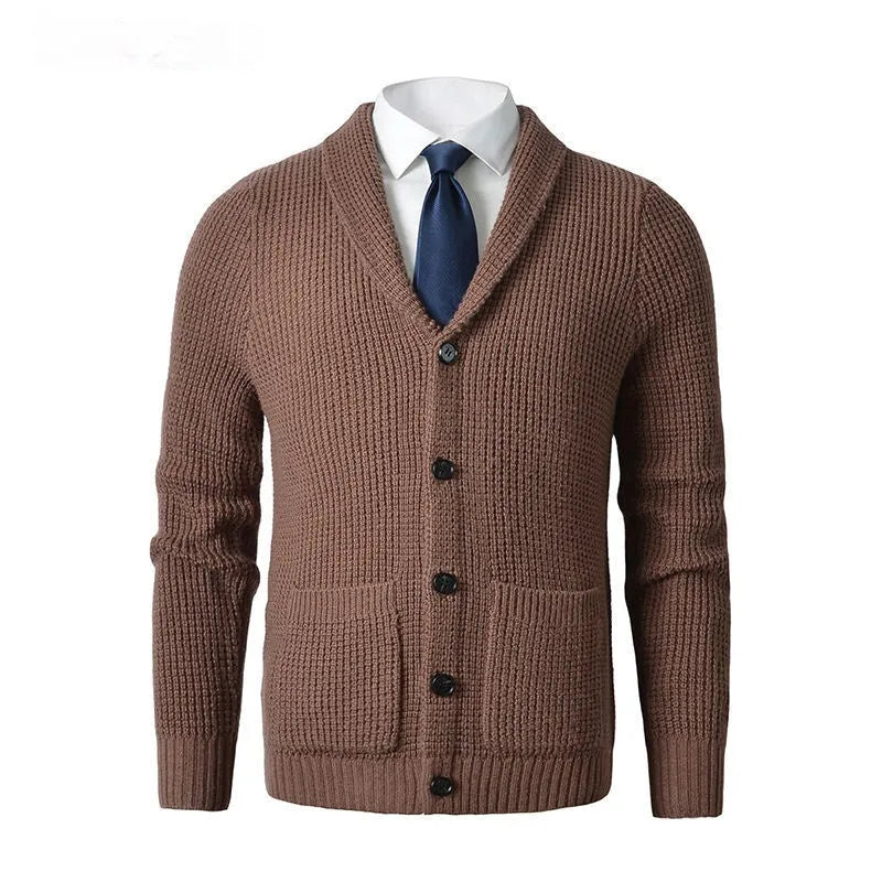 Men's wool knitted cardigan with V-neck, button front, and pockets in solid colour - front view