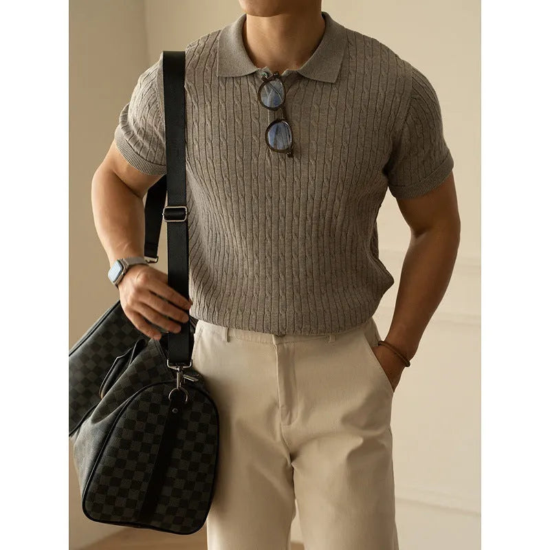 Men's short sleeve business top in khaki, black, and white with polyester wool blend fabric