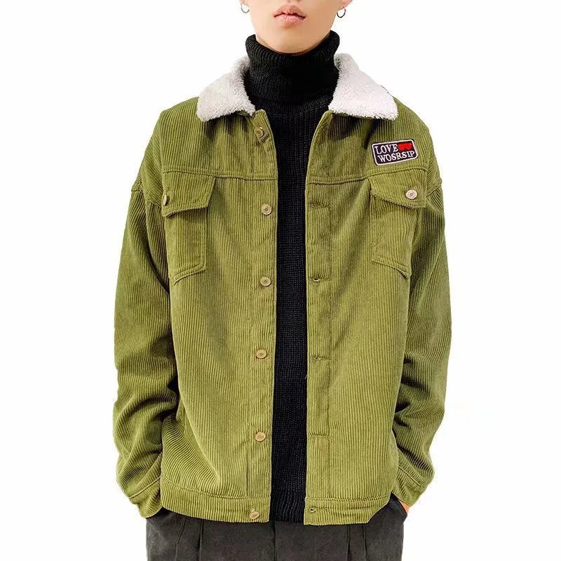 Men's corduroy workwear jacket in khaki colour with stick pockets and regular sleeves