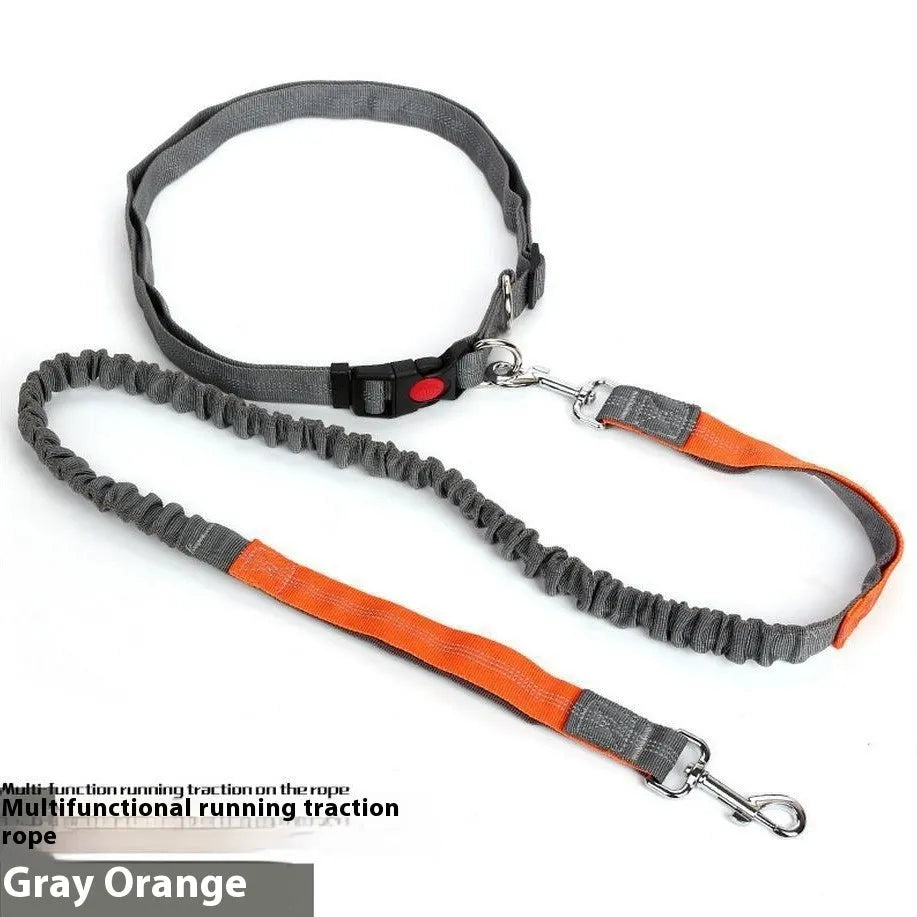 Grey and red reflective elastic dog leash for outdoor running held in a person's hand.