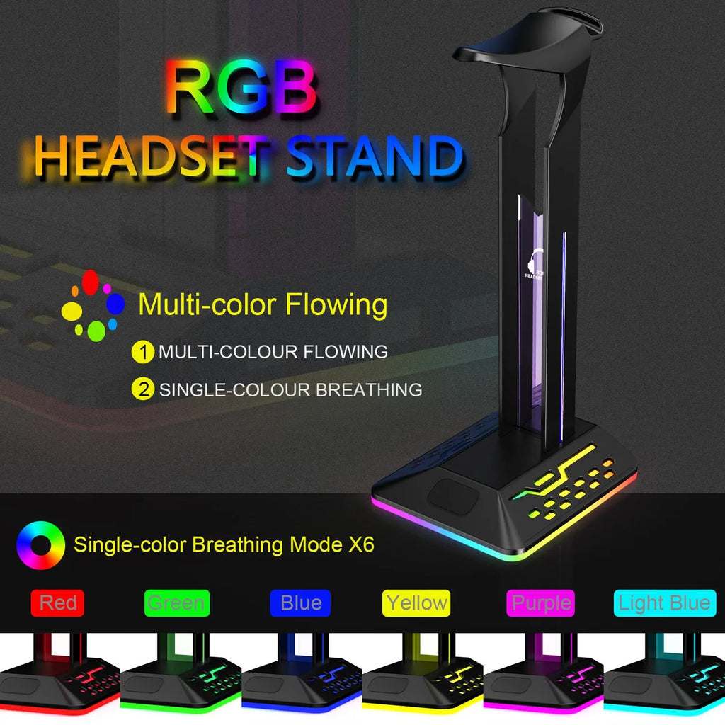 RGB headphone display stand with colour changing lights and dual USB ports in acrylic construction