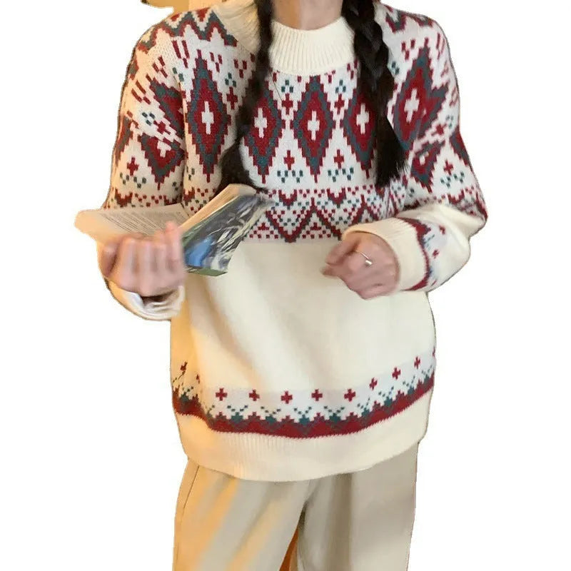 Striped pullover knitted top in loose retro idle style with long sleeves