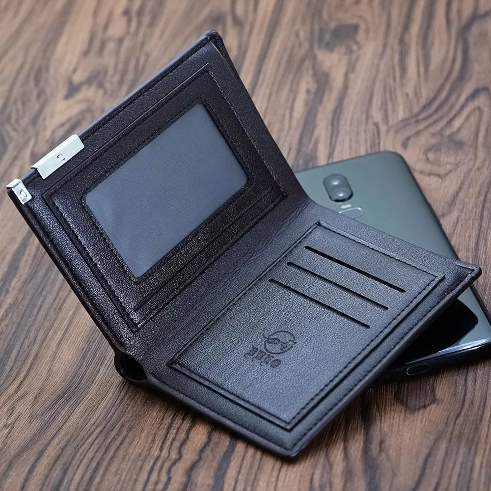 Men's brown leather wallet with a silver zipper closure, shown with individual packaging.