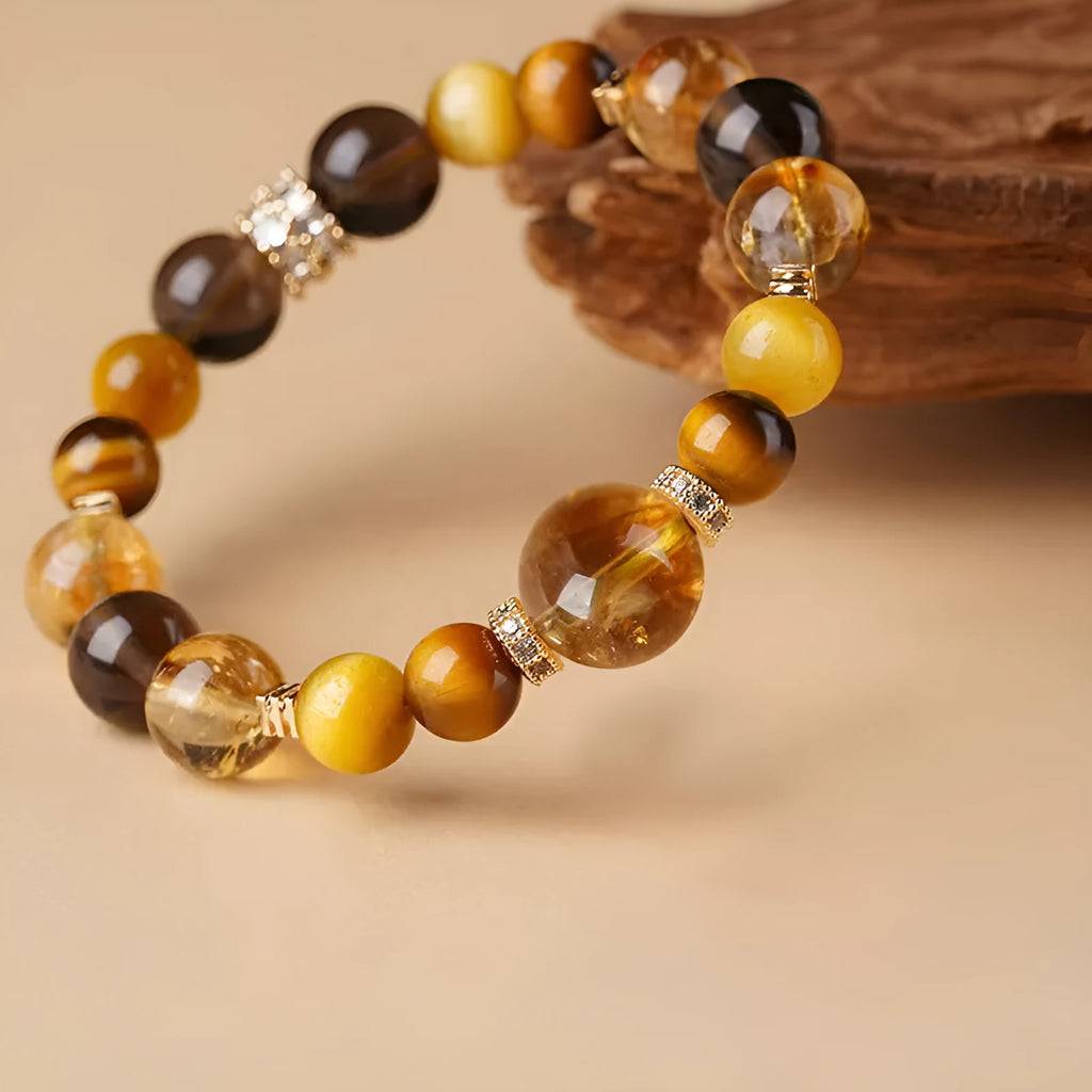 Geometric crystal bracelet with natural yellow tower and tiger-eye elements for unisex office fashion wear