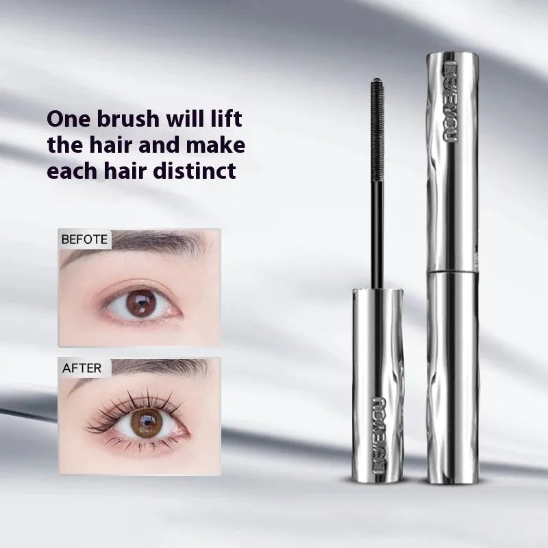 Black and brown waterproof steel tube mascara with optional eyelash curler.