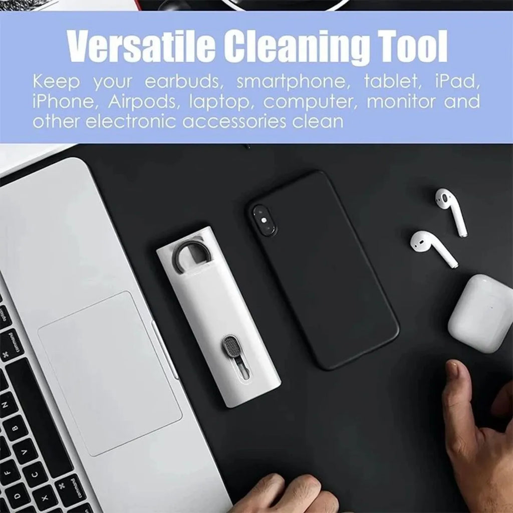7-in-1 computer keyboard cleaner brush kit with earphone cleaning pen and keycap puller on blue background