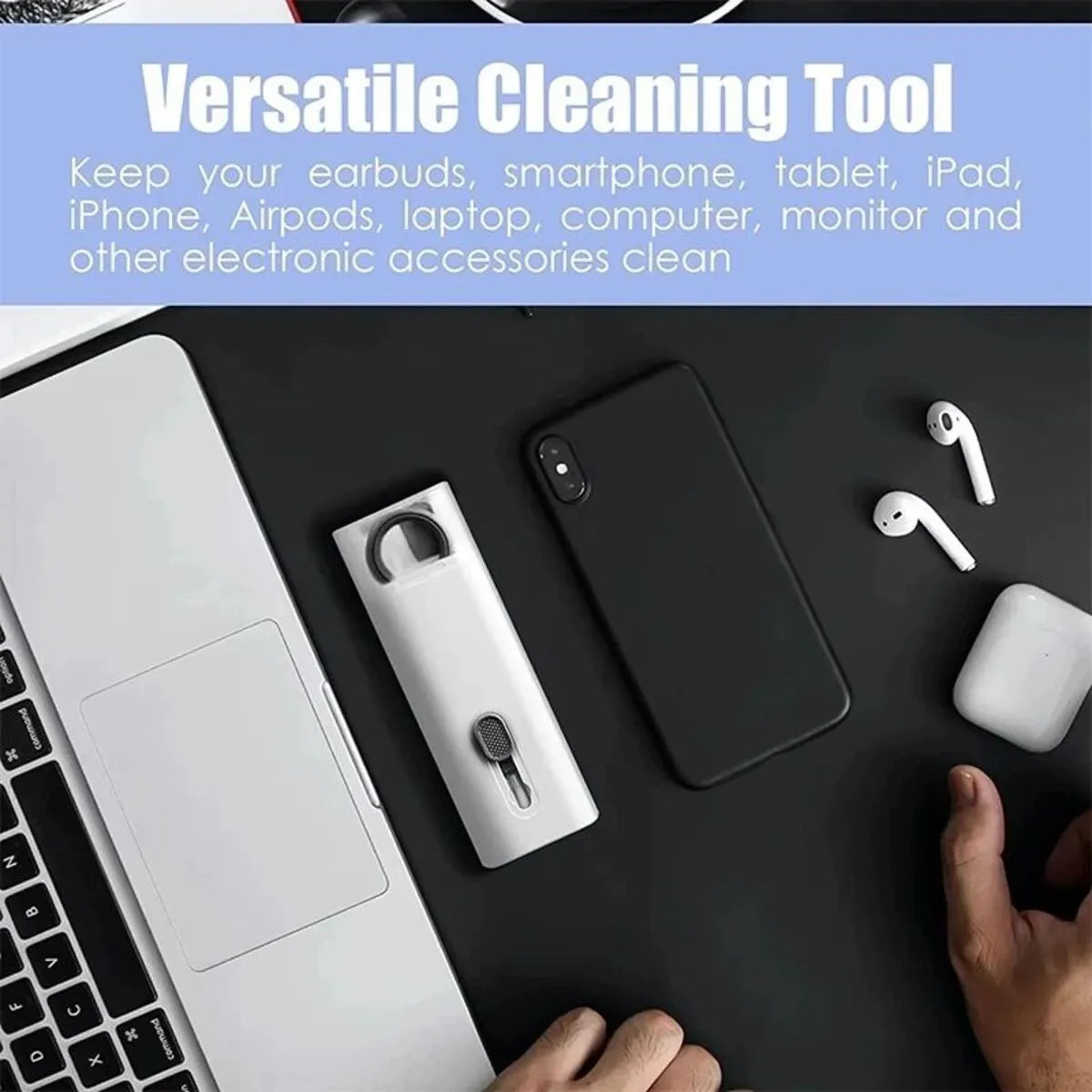 7-in-1 computer keyboard cleaner brush kit with earphone cleaning pen and keycap puller on blue background