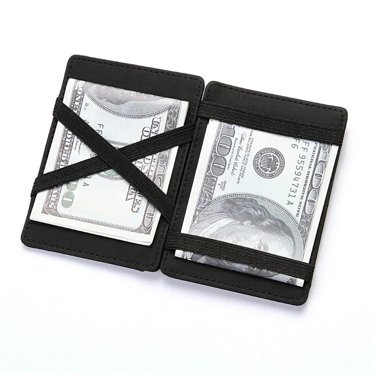 PU leather magic flip wallet in a solid colour with a zippered coin purse and flip-out card holder.